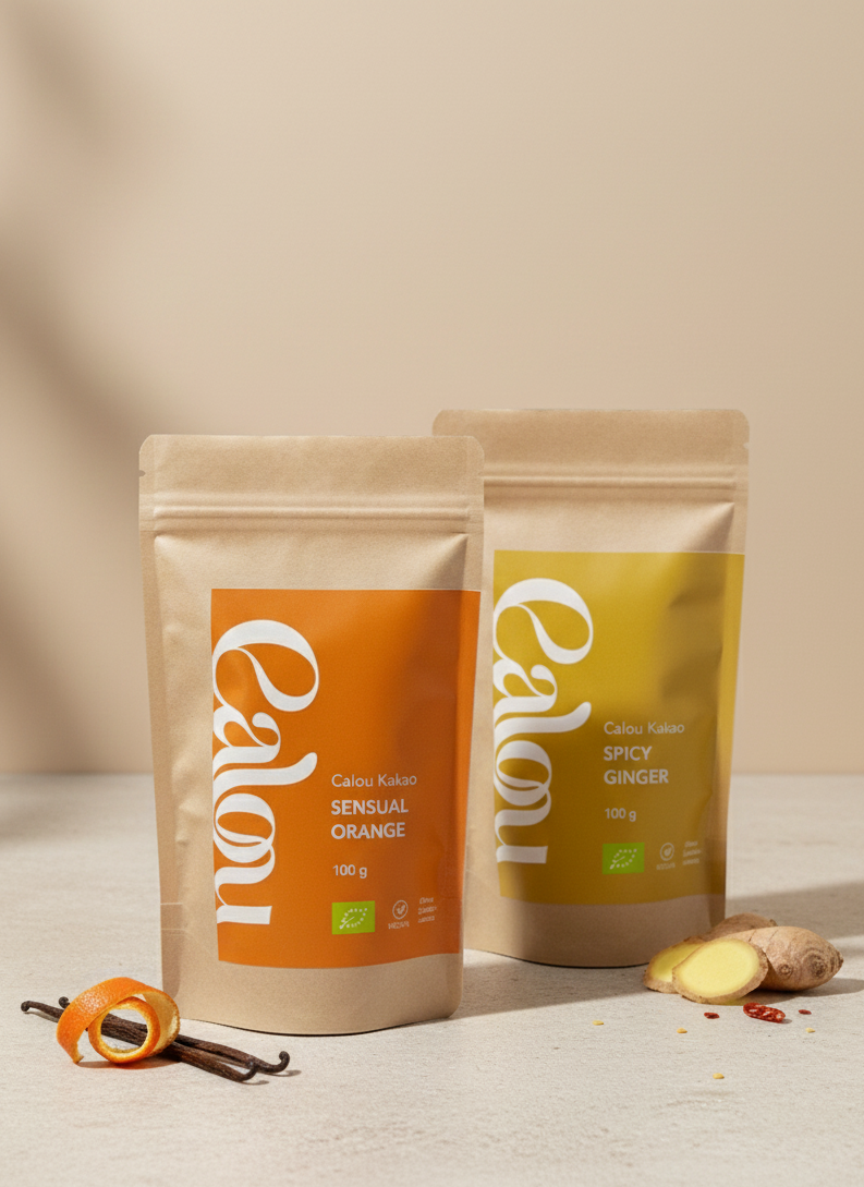 Zwei naturfarbene Verpackungen in orange und gelb, mit den Sorten Spicy Ginger und Sensual Orange. Dekoration Vanille, Orangenschale, Ingwer und Chili.